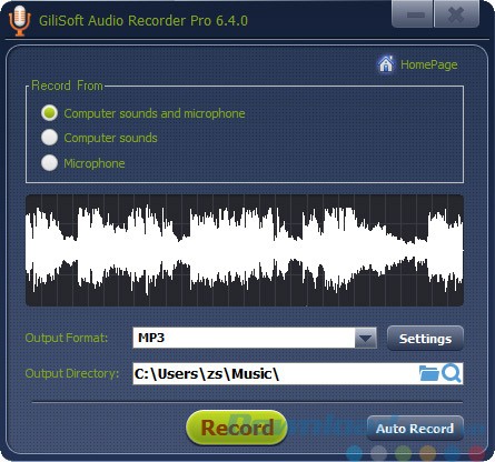 Giao diện phần mềm ghi âm GiliSoft Audio Recorder Pro
