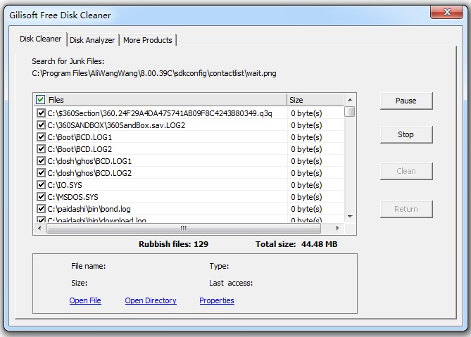 Danh sách file rác được Free Disk Cleaner liệt kê chi tiết vị trí và kích thước file