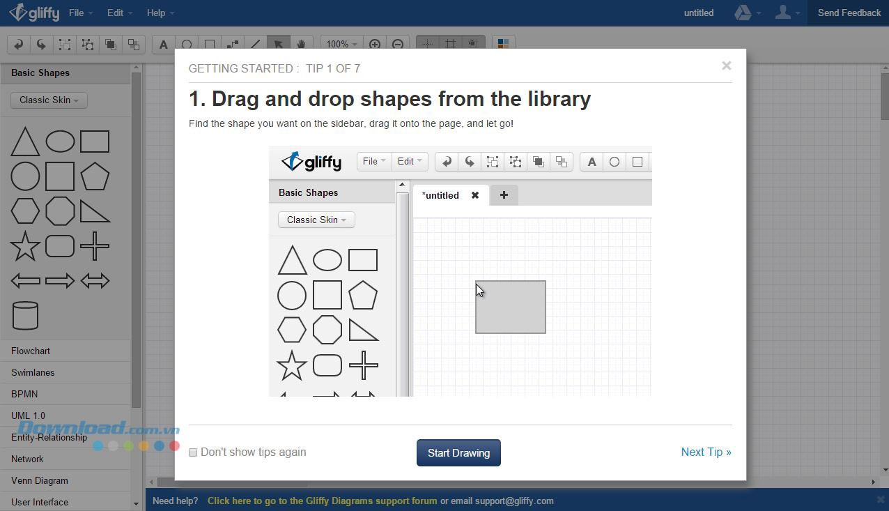 Hướng dẫn cơ bản ngay khi mở Gliffy Diagrams