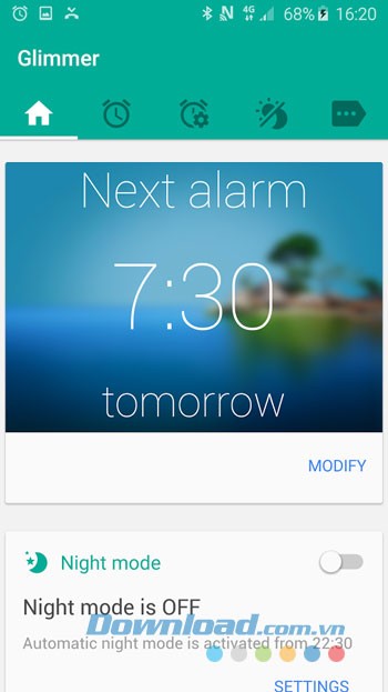Giao diện sử dụng ứng dụng báo thức Glimmer