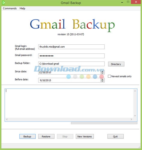 Giao diện của Gmail Backup