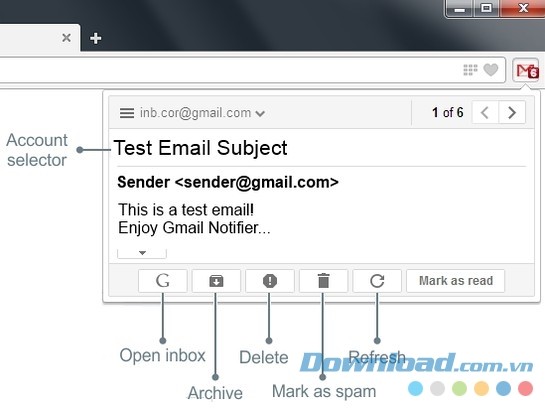 Giao diện chính của tiện ích mở rộng Gmail Notifier cho Opera
