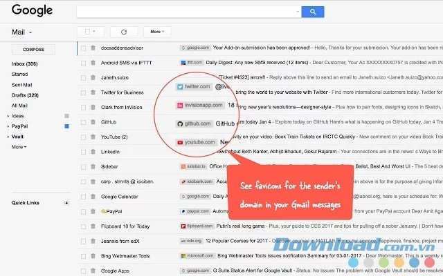 Thêm biểu tượng và tên miền bằng tiện ích mở rộng miễn phí Gmail Sender Icons cho Google Chrome