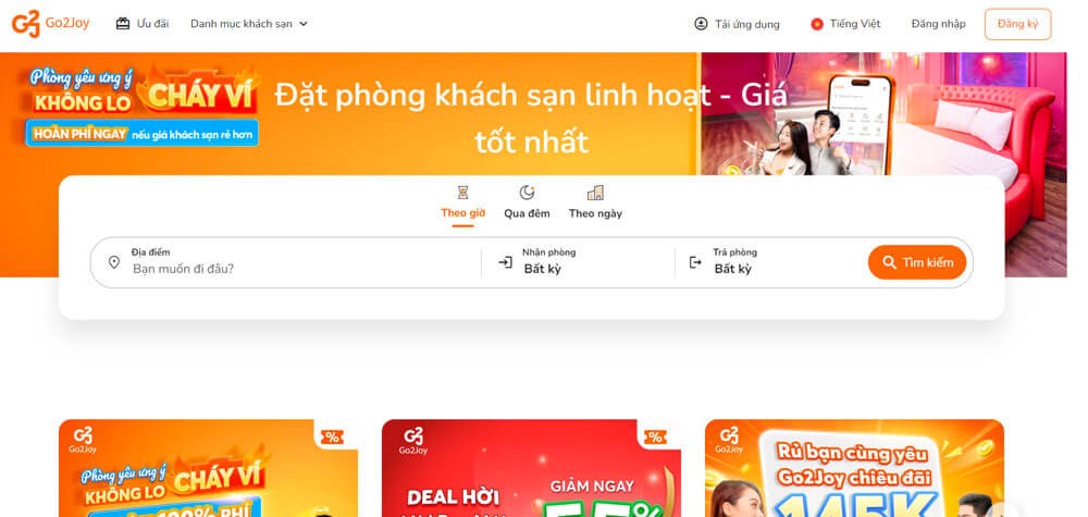 Giao diện trang chủ Go2Joy - Đặt phòng theo giờ
