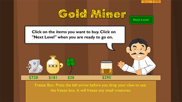 Sử dụng số vàng kiếm được để mua thêm bổ trợ, nâng cấp trong Gold Miner: Classic Edition