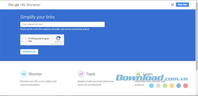 Giao diện chính của trang web Goo.gl có tính năng rút gọn URL