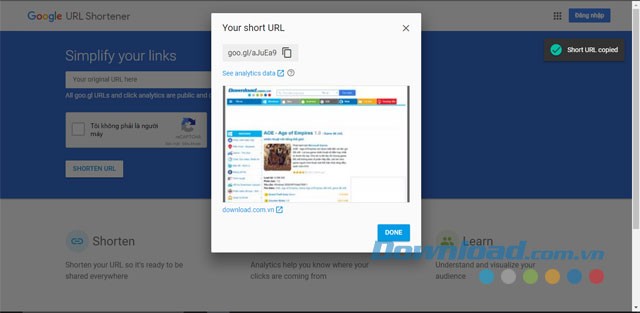 Sao chép và chia sẻ đường dẫn URL đã được rút ngắn bằng trang web Goo.gl