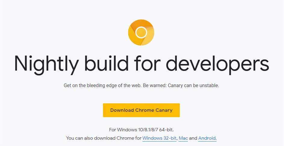 Trang tải Google Chrome Canary