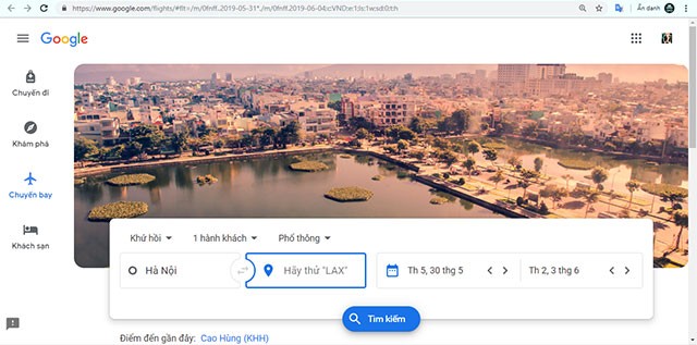 Giao diện chính của ứng dụng Google Flights