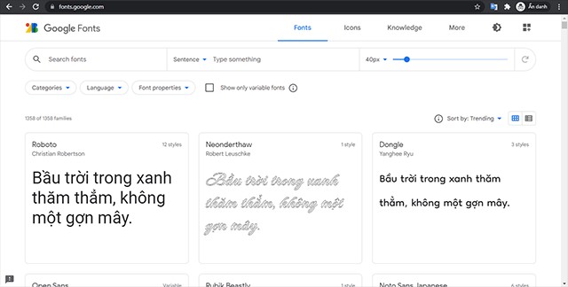 Giao diện chính của thư viện Google Fonts online