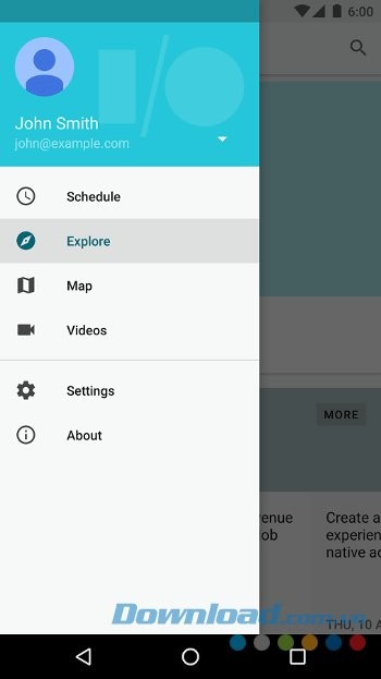 Menu ứng dụng Google I/O 2016