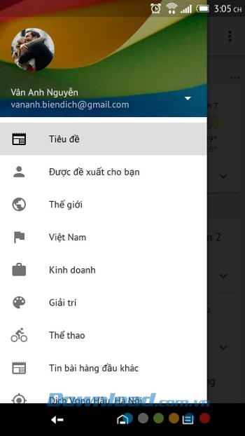 Menu ứng dụng Google News & Weather