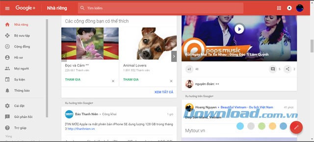 Giao diện chính của ứng dụng mạng xã hội Google Plus miễn phí