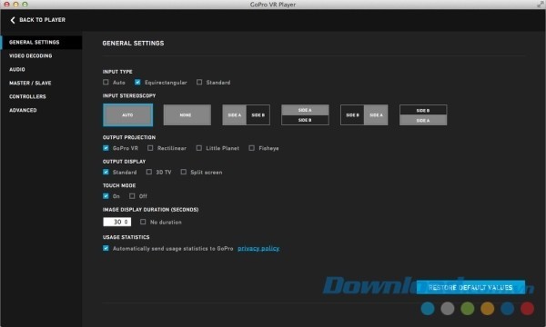 Nhiều tùy chọn cài đặt hấp dẫn trên GoPro VR Player cho Mac