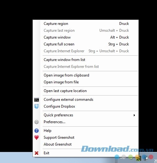 Các lệnh ở menu phải mà GreenShot hỗ trợ