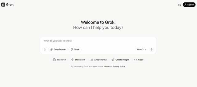 Giao diện của trang web Grok