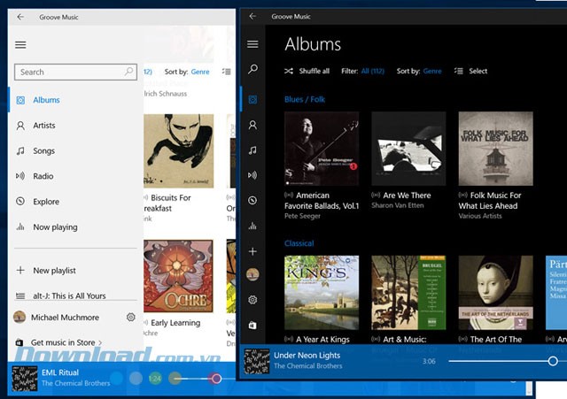 Giao diện ứng dụng nghe nhạc Groove Music