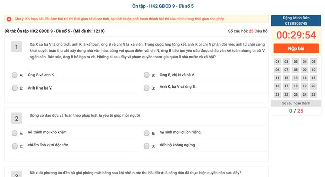 Đề thi trắc nghiệm ôn tập học kỳ 2