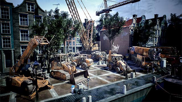 Rất nhiều loại máy móc xây dựng, từ robot tháo dỡ cỡ nhỏ cho đến cẩu trục khổng lồ