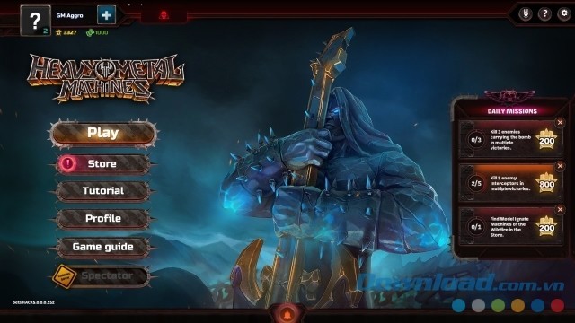 Main menu của game đua xe chiến đấu miễn phí Heavy Metal Machines cho máy tính