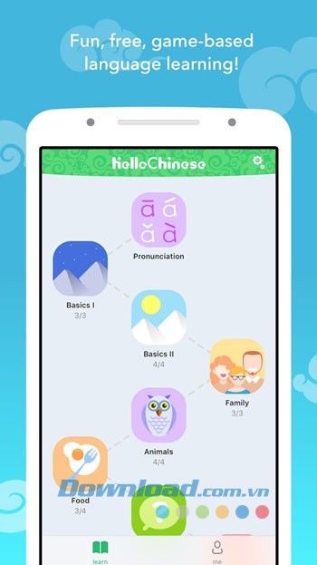 Giao diện sử dụng ứng dụng HelloChinese trên Android