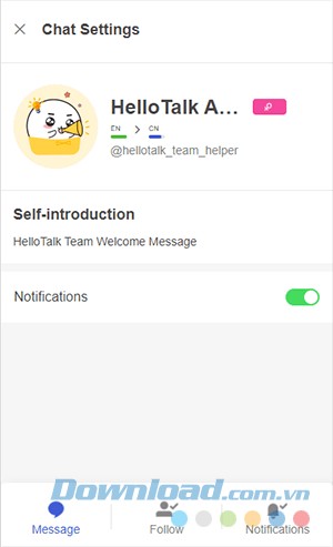 Thiết lập chat trên Hello Talk app