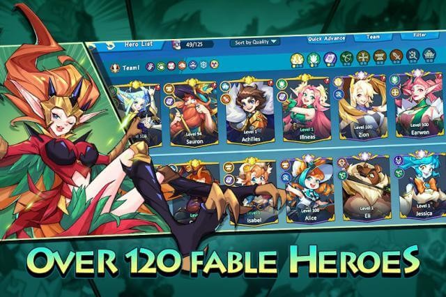 Hơn 120 anh hùng mạnh mẽ cho bạn lựa chọn và thành lập đội hình trong game Hero Squad - Idle Adventure