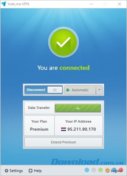 Giao diện chính của ứng dụng mạng riêng ảo hide.me VPN cho máy tính
