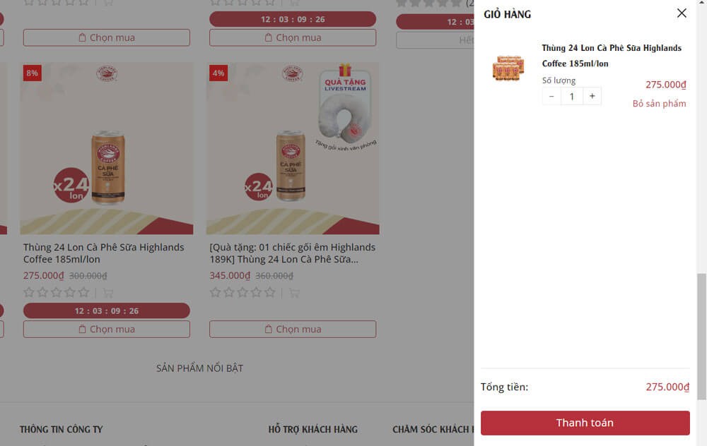 Giỏ hàng của trang web Highlands Coffee