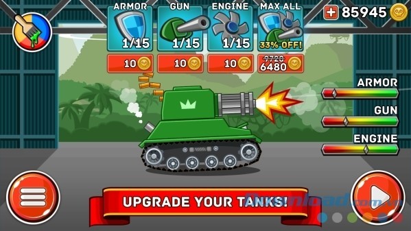 Hills of Steel cho Android cung cấp một hệ thống nâng cấp xe tăng tuyệt vời