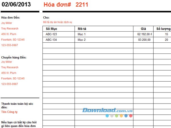 Hóa đơn tính toán tổng số