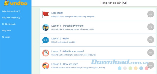 Giao diện học tiếng Anh cùng VnDoc