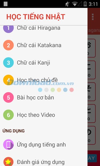 Danh mục chức năng trong ứng dụng Học tiếng Nhật giao tiếp