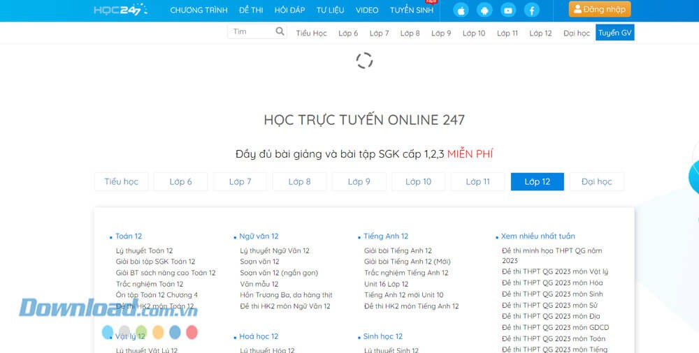 Giao diện trang chủ Hoc247, học trực tuyến