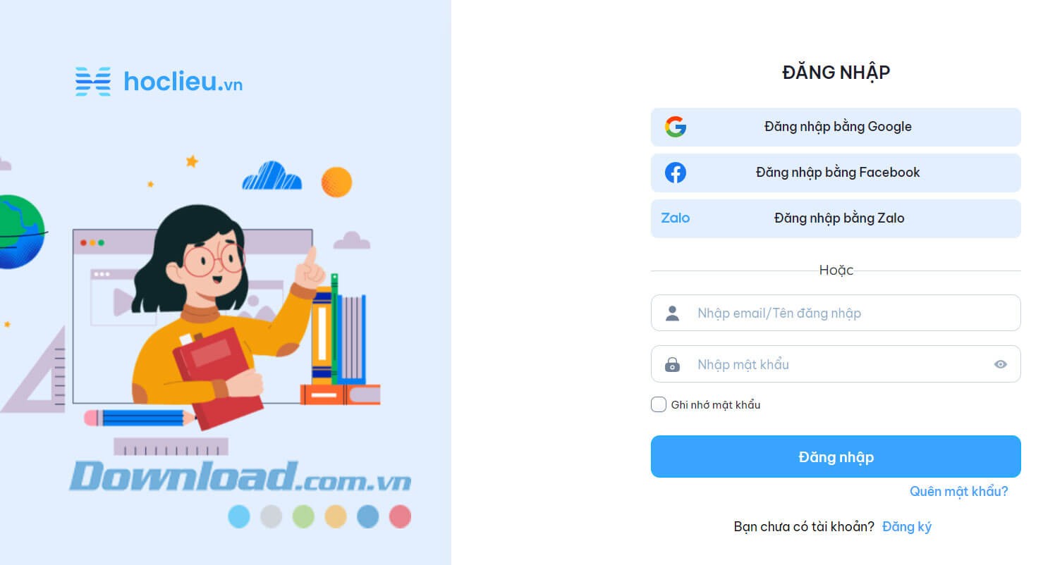 Giao diện đăng nhập tài khoản trang Hoclieu.vn