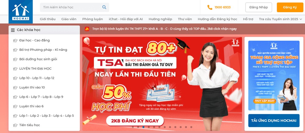 Giao diện trang chủ của trang web HOCMAI