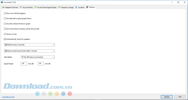 Tích hoặc bỏ tích các tùy chọn của phần mềm kiểm tra cường độ tín hiệu mạng Homedale