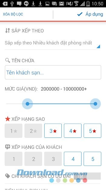 Các bộ lọc của Hotels.com