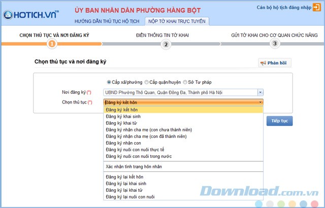 Nộp tờ khai hộ tịch trực tuyến