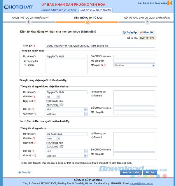 Nộp tờ khai Hộ tịch