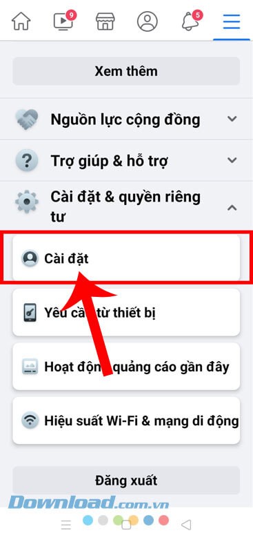 Ấn vào mục Cài đặt