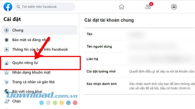 Nhấp chuột vào mục Quyền riêng tư