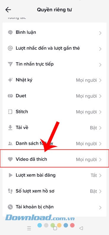 Chạm vào mục Video đã thích