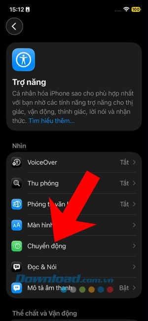 Chạm vào mục Chuyển động