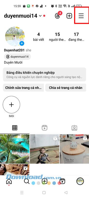 Chạm vào biểu tượng ba dấu gạch ngang