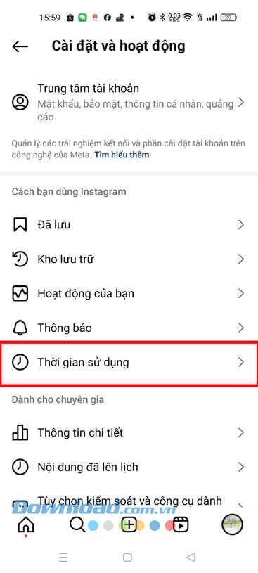Nhấn vào mục Thời gian sử dụng