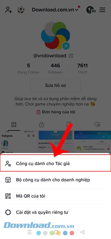 Nhấn vào mục Công cụ dành cho Tác giả