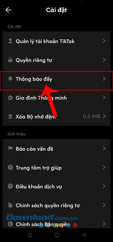Chạm vào mục Thông báo đẩy