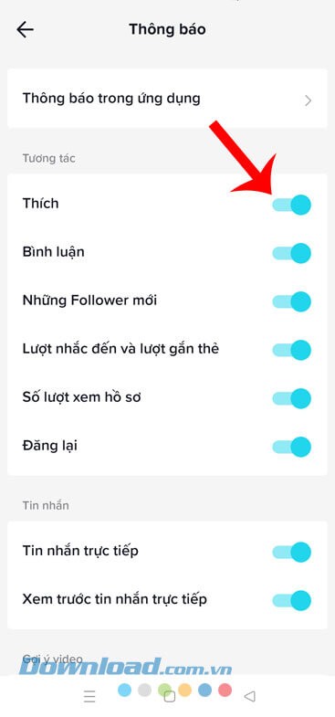 Bật công tắc tại các mục bên trong