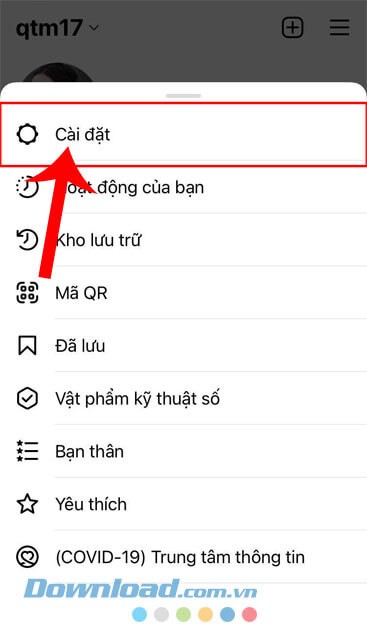 Ấn vào mục Cài đặt
